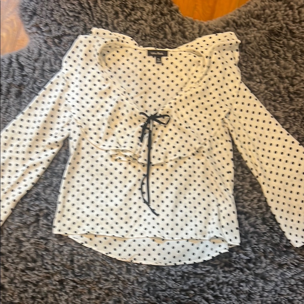 Lea & Viola Cream Tie Front Ruffled Blouse with 3/4 Sleeves